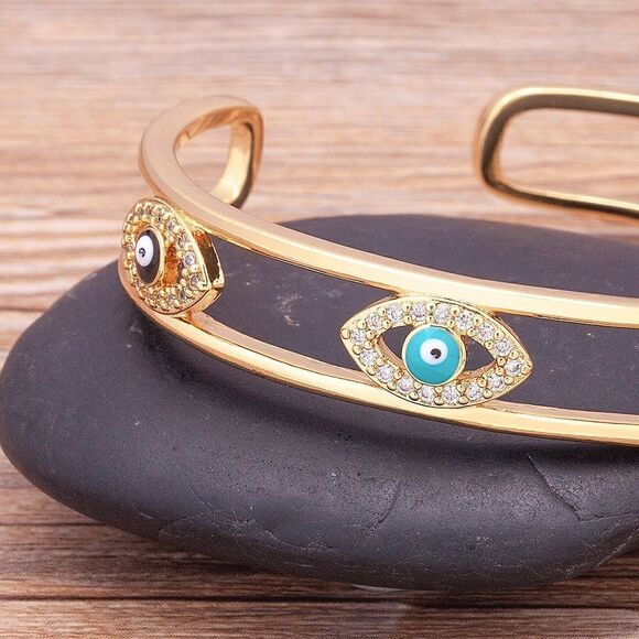 Brand New Gold Evil Eye, Precious Stone Accent Cuff Bracelet - Picture 5 of 6